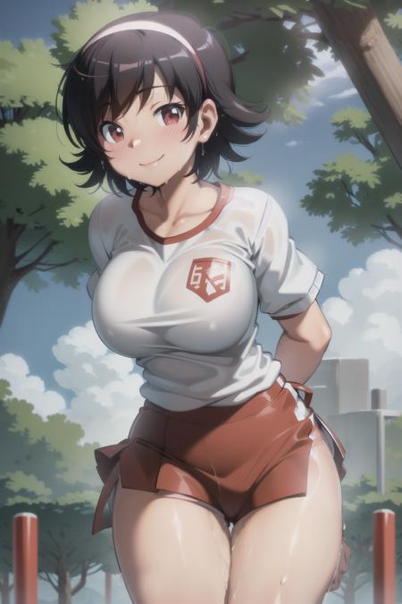 takahara ayumi, short hair, large breasts, white shirt, red shorts, wide hips, smile, hairband, wet shirt, sweat, shirt tucked in, park, park path, <lora:Takahara Ayumi V2:0.6>