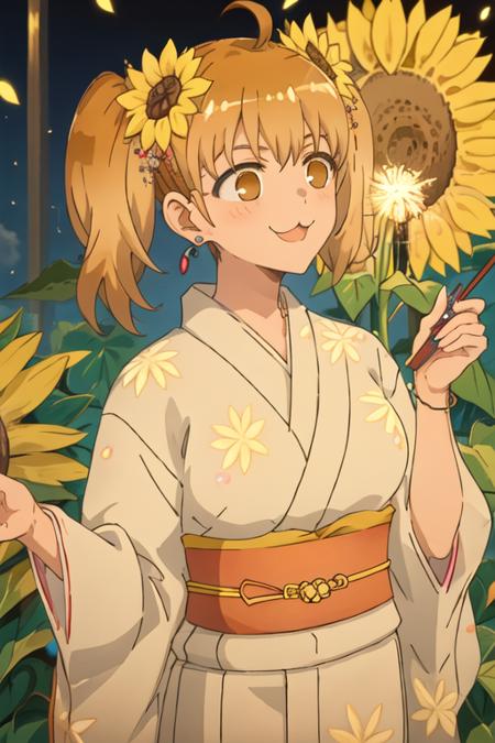 best quality, masterpiece, highres, solo, {yoshi_donttoywithmemissnagatoro:1.15}, twintails, brown_eyes, earrings, jewelry, ahoge, :3, hair_ornament, smile, blonde_hair, orange_hair, brown_hair, 1girl, flower, hair_flower, sunflower, japanese_clothes, open_mouth, kimono, yukata, fireworks, night