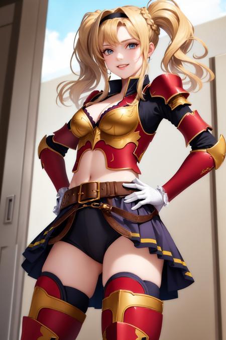 (masterpiece, best quality:1.2), <lyco:granblue_zeta-11:1.0>, cowboy shot, solo, 1girl, zetadef, smile, looking at viewer, hand on hip, braid, hair intakes, twintails, hairband, red armor, shoulder armor, skirt, thighhighs, gauntlets, belt, midriff, cleavage