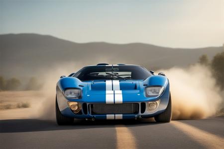 blue GT40_MKII, white rally stripes, from side, dark tinted windows, racing along a winding road, dust kicked up from tires,
masterpiece, rule of thirds, absurdres, volumetric lighting, subsurface scattering, high detail, nature background, motion blur, full sharp, photography, trending on artstation, sharp focus, studio photo, intricate details, highly detailed, by greg rutkowski, car magazine cover, award winning photography, ford tough, RIP Carroll Shelby,
shot on a Sony A7III, 8k uhd, bokeh, dutch angle, dramatic angle, intentional camera movement, camera tricks,
<lora:GT40MKII_SDXL_v01:0.8>