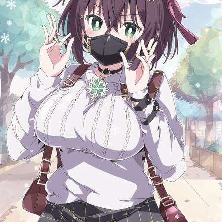 <lora:ixy:1>, ixy,

1girl, bag, between breasts, black choker, black skirt, blush, breasts, choker, cowboy shot, day, green eyes, hair between eyes, handbag, large breasts, looking at viewer, mask, mouth mask, official alternate costume, outdoors, plaid, plaid skirt, ribbed sweater, short hair, skirt, snowflake choker, solo, speech bubble, strap between breasts, sweater, virtual youtuber, waving, white sweater