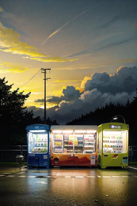 noctiluca, no humans, vending machine, sky, cloud, scenery, outdoors, night, power lines, utility pole, night sky, road, mountain, cloudy sky, fence, tree, dark, lamppost <lora:noctiluca:1>