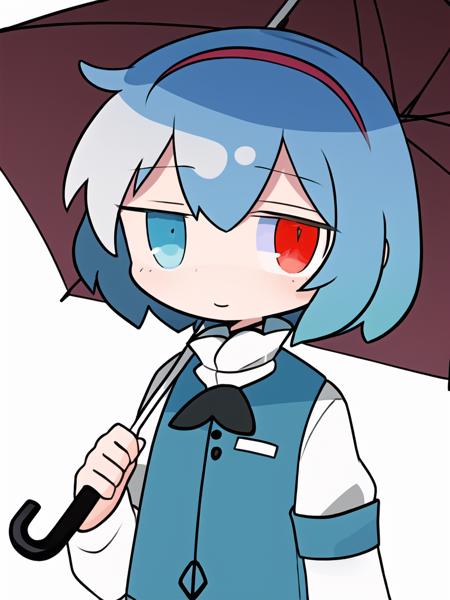 Kogasa, multicolored eyes, heterochromia, juliet sleeves, umbrella, red eye,  white shirt, blue hair, blue vest, blue eye