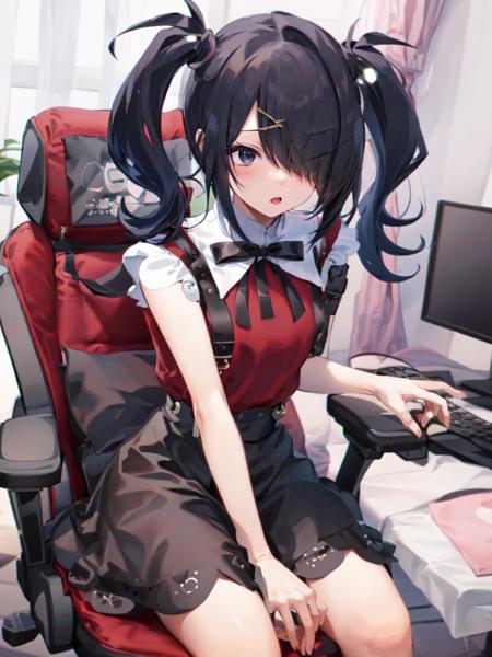 masterpiece, best quality, absurdres, 1girl, ame-chan, red shirt, black skirt, sitting on a gaming chair, computer setup in background, <lora:ame-chanV2-000003:1>