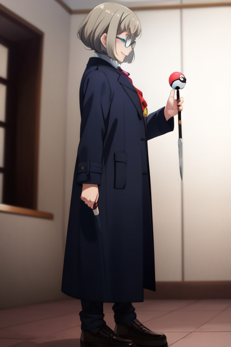 misakiamane, glasses, an old woman dressed differently with a knife and a poke ball in each hand, holding, transparent background, poke ball, cane, 1girl, solo, holding cane, male focus, holding poke ball, full body, poke ball (basic), standing, closed mouth, brown footwear, shoes, pants, buttons, old, coat, blue coat, hand up, smile, long sleeves