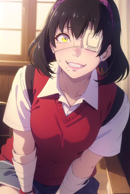 midariikishima, <lora:midari ikishima s2-lora-nochekaiser:1>,
midari ikishima, short hair, black hair, hairband, mole, (eyepatch:1.5), mole under mouth, smile, (yellow eyes:1.2), grin,
BREAK skirt, shirt, school uniform, pleated skirt, bandages, wristband, sweater vest, (red sweater vest:1.3),
BREAK indoors, classroom,
BREAK looking at viewer, (cowboy shot:1.5),
BREAK <lyco:GoodHands-beta2:1>, (masterpiece:1.2), best quality, high resolution, unity 8k wallpaper, (illustration:0.8), (beautiful detailed eyes:1.6), extremely detailed face, perfect lighting, extremely detailed CG, (perfect hands, perfect anatomy),