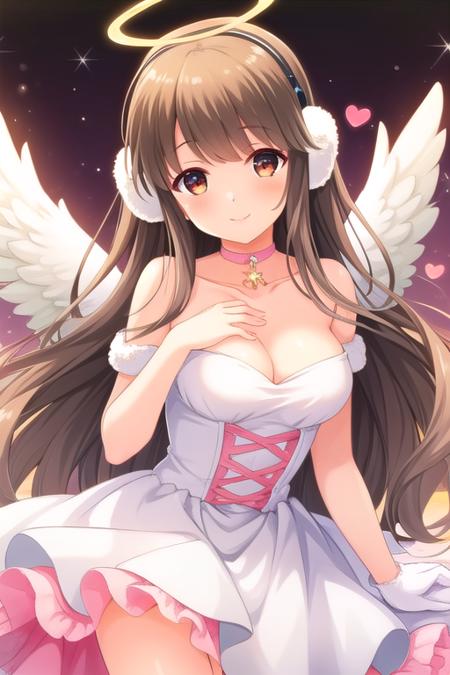 masterpiece, best quality, highly detailed background, perfect lightingbest quality, <lora:Arisugawa-Saeko:0.5>, 1girl, angel, solo, solo focus, brown hair, bangs, very long hair, brown eyes, breasts, gloves, halo, dress, wings, breasts, cleavage, angel wings, earmuffs, jewelry, bare shoulders, looking at viewer, heart, choker, smile, closed mouth, pink lips.