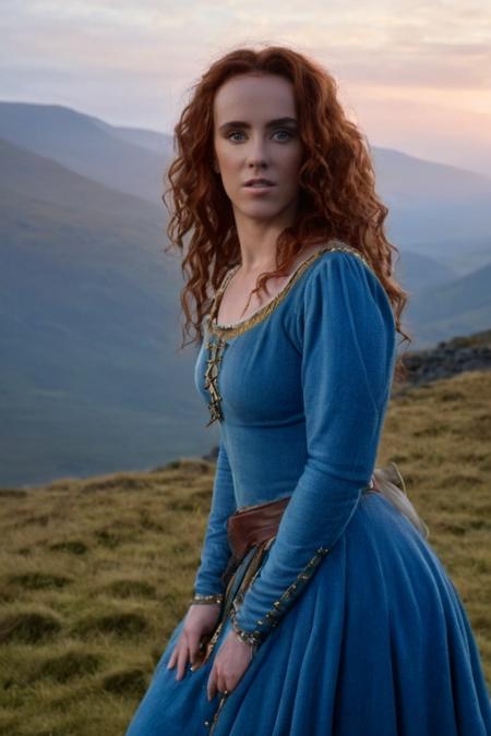 Merida (amy manson), fierce and unruly, clad in her blue medieval dress elevating amidst the misty Highlands, illuminated by the golden hues of sunrise, captured in a professional portrait with a low angle, showcasing her strength and resilience. <lora:merida:1> . 35mm photograph, film, bokeh, professional, shot by john rankin waddell, 4k, highly detailed
