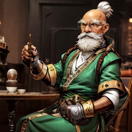 (((a man is sitting in a cafe drinking tea))) <lora:KnolanBattleChasersLora:0.8> 1boy, male focus, facial hair, beard, mustache, old man, white hair, glasses, bald, gloves, staff, Highly detailed,masterpiece, best quality