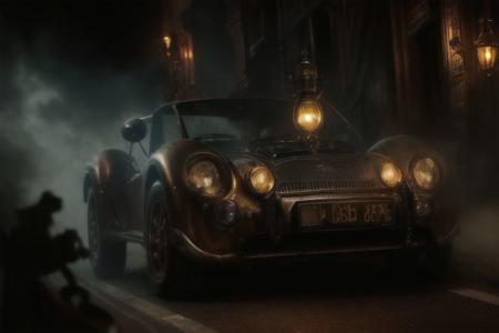 A high detail photo of a steampunk sports car, cinematic lighting, cinematic depth of field, smoky steamy atmosphere, light bloom, volumetric fog, high detail materials, high detail reflections, OverallDetail