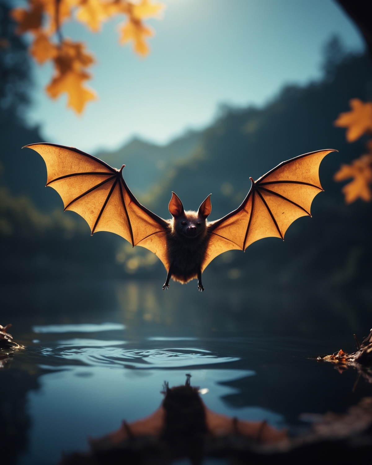 A Bat Flying Over Water with Leaves in the Background