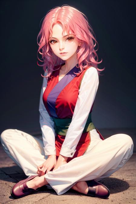 masterpiece, best quality,pink hair, 1girl, sitting, brown eyes, white pants, pants, long sleeves, breasts,  looking at viewer, sash, long hair, shoes, purple footwear, indian style, full body, short hair, sitting on lap, wavy hair,  medium breasts, closed mouth,(kbxll:0.6)