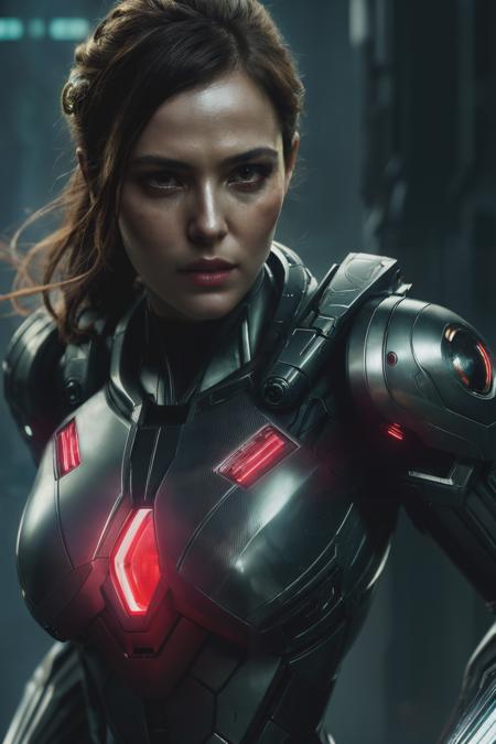 zdh, ((best quality)), ((masterpiece)), (detailed), Midjourney Style, close-up, woman, robot, red eyes, concept art, inspired by Marek Okon, digital art, Crysis Nanosuit, futuristic, (glowing elements:1.1), 4:3 aspect ratio, dynamic duo, <lyco:ZoeyDeutch-RealVision-V1.0:1.0>