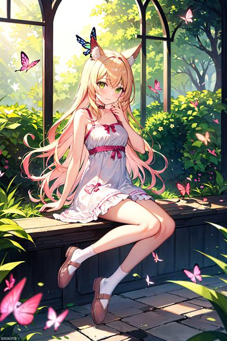 masterpiece, best_quality,1girl, solo,fox_ears,yellow eyes:1.5|green eyes:1.1,(pink hair:1.2|blonde hair), gentle hazel eyes, flowing wavy hair, ankle socks, gazing at viewer, white socks, ballet flats, pastel sundress, full body, butterfly garden, surrounded by fluttering butterflies, sunlight filtering through leaves, serene expression, spring