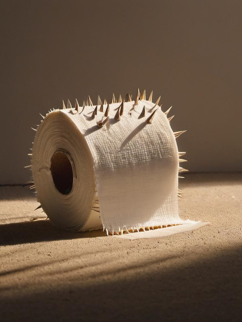 A roll of toilet paper with prickly spikes on it.