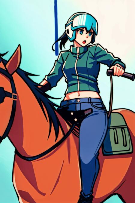 1girl,short green hair,wearing leather jacket,blue jeans,riding horse,(wearing leather helmet:1.2),goggles,:o, <lora:LORA-XenoDetailer-v2:0.1>