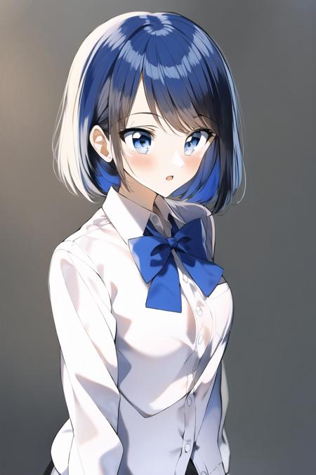 1girl, collared shirt, bow tie, blue hair, blue eyes,
upperbody, standing,
 <lora:PentagonRailgunStyle:1>,
simple background, white background,