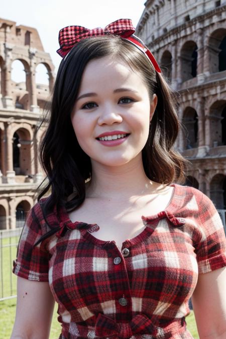 HD photo of beautiful mshn_yhivi in a checkered shirt in front of the colosseum, (closeup:1.3), red bow in her hair