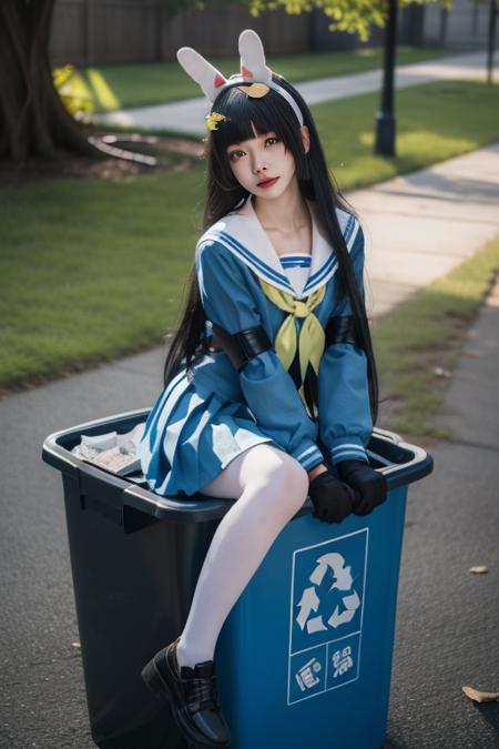 ltra-detailed,highly detailed,best quality,masterpiece,illustration,realistic,
kasumizawa miyu, 1gir l, solo, miyu \(blue archive\),cosplay,
bangs, long hair,fake animal ears, rabbit ears,
school uniform, serafuku, neckerchief, sailor collar,long sleeves, pleated skirt,
looking at viewer, in trash can,
photo background,outdoors, ruins,trash can, grass, bush,
<lora:kasumizawa miyu_v1_07:0.7>