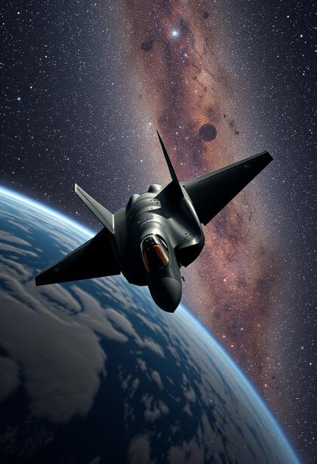 f35 almost reaching space with milky way visible. the earth is below, stratospheric flight