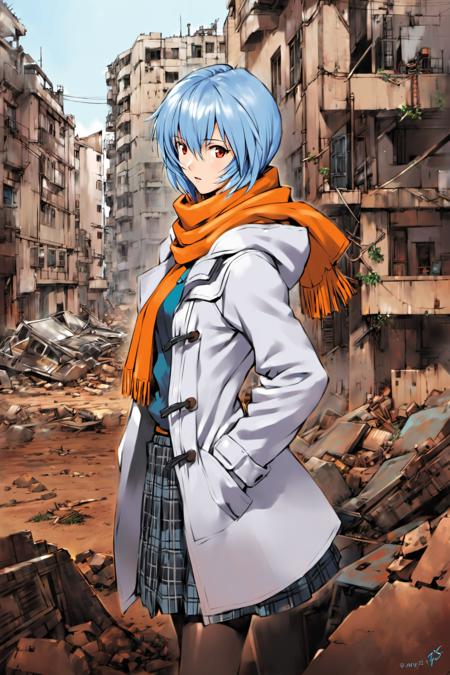 1girl, solo, ayanami rei, ruins, blue hair, coat, red eyes, skirt, plaid, hood, short hair, pantyhose, standing, plaid skirt, hood up, white coat, outdoors, building, looking at viewer, signature, long sleeves, scarf, hair between eyes, hooded coat, bangs, city, open coat, parted lips, <lora:Sadamoto Yoshiyuki_XL_V2:0.8>