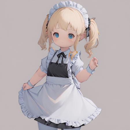 (1girl:1.2), solo, lalafell, 
blonde hair, blue eyes, twintails, hair ornament,
maid, maid apron, maid headdress, <lora:SDXL_lalafell_ver3-7:1>