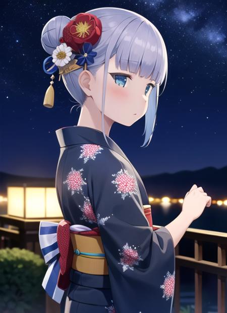 1girl, solo, japanese clothes, sky, kimono, hair ornament, flower, night, star (sky), hair flower, starry sky, night sky, hair bun, yukata, floral print, single hair bun, sash, blush, bangs,