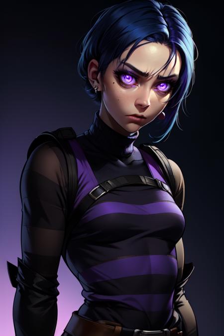 TakHuman,  short blue hair, mole under eye,  small earrings,  purple eyes,  serious look,   standing, upper body,  mean expression, 
TakClothes,striped sweater, turtleneck, pelvic curtain,  strapped boots, 
dark lab, purple lighting, lab tech, 
(insanely detailed, beautiful detailed face, masterpiece, best quality)   <lora:TakHuman:0.7>