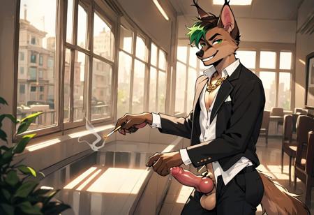 score_9, score_8_up, score_7_up, score_6_up,
best quality, highly detailed, intricate details, extremely detailed, perfect hands, (furry art, uploaded on e621:1.1),
furry, curvy, big butt, feminine, male, caracal, caracal face:1.5, Kursh:1.9, brown hair, green hair, multicolor hair, pixie cut, green eyes, masculine short hair, dark-brown hands, dark-brown feet, dark-brown ear tufts:1.2, long tail, dark-brown ears, fluffy tail, wolf tail:1.6, grey back fur, light-brown body fur, light-brown face, light-brown cheeks, tan snout, pink paw pads, pink nipples, four toes, five fingers,
Holding penis, smoking, blowing smoke, drinking, suit, unbuttoned shirt, interior,
tan balls, knot, foreskin, erection, precum, chode:1.9, short penis, thick penis, looking at viewer, confident, grin,
gold chain necklace, gold jewelry, buttoned shirt, beige jacket, black suit pants,
perfect eyes, masterpiece, solo:1.9,