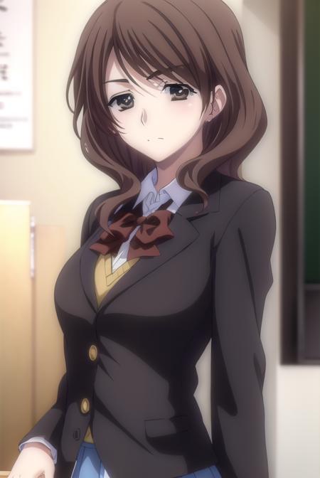 chieashikaga, <lora:chie ashikaga-lora-nochekaiser:1>,
chie ashikaga, brown hair, (brown eyes:1.5), medium hair,
BREAK skirt, long sleeves, bow, school uniform, earrings, bowtie, red bow, buttons, blazer, (black blazer:1.5),
BREAK indoors, classroom,
BREAK looking at viewer, (cowboy shot:1.5),
BREAK <lyco:GoodHands-beta2:1>, (masterpiece:1.2), best quality, high resolution, unity 8k wallpaper, (illustration:0.8), (beautiful detailed eyes:1.6), extremely detailed face, perfect lighting, extremely detailed CG, (perfect hands, perfect anatomy),