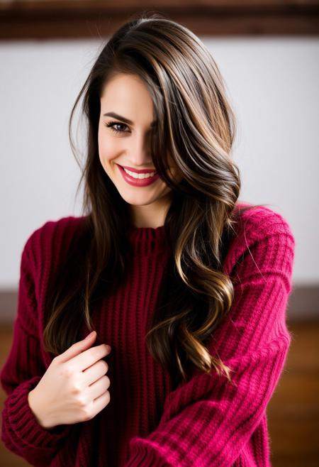 a brunette woman wearing a maroon sweater,she is beautiful,she is smiling in a sexy way