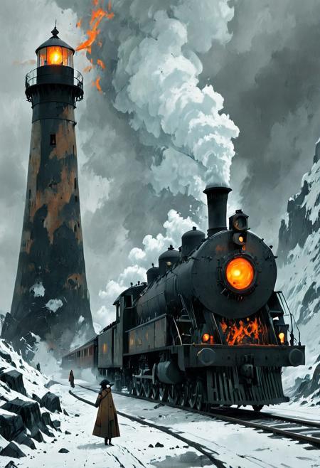 WackyScratchDaal,  blending the surreal infernal imagery of lava and magma running down from the lighthouse in shockwaves, while keeping the train emitting snow and ice for a stark, mystical contrast. 
 on a scorched, ashen path, staring down a colossal black steam locomotive with a lighthouse
FRESHIDEAS not a good guy