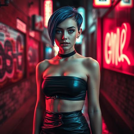 A 25-year-old European girl with blue hime-cut hair and blue hazel eyes, standing in a city alley. The blurred city background shows brick walls with graffiti and wet pavement reflecting neon lights. She is wearing a leather mini skirt and a black choker, with pouty lips and freckles on her face. Her body is illuminated by reflections of neon lights, contrasting with soft lighting and delicate shadows. A subtle mist rises from the ground, and the scene is moody and sexy, with multiple light sources and sharp contrasts. The image is in black and white, except for her blue hair and blue hazel eyes, with light reflections on the wet surfaces. The overall tone is dark and dynamic, with neon lights creating a striking atmosphere