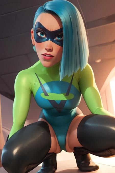 Voyd,blue hair ,dark skin,blue eyes ,short hair,  solo,  buck teeth,  close up,   from below,   squatting, 
VoySui, black domino mask, multicolored ,bodysuit, boots, skin tight, green sleeves,  
(insanely detailed, beautiful detailed face, masterpiece, best quality) cinematic lighting,
 <lora:Voyd-10v3:0.8>