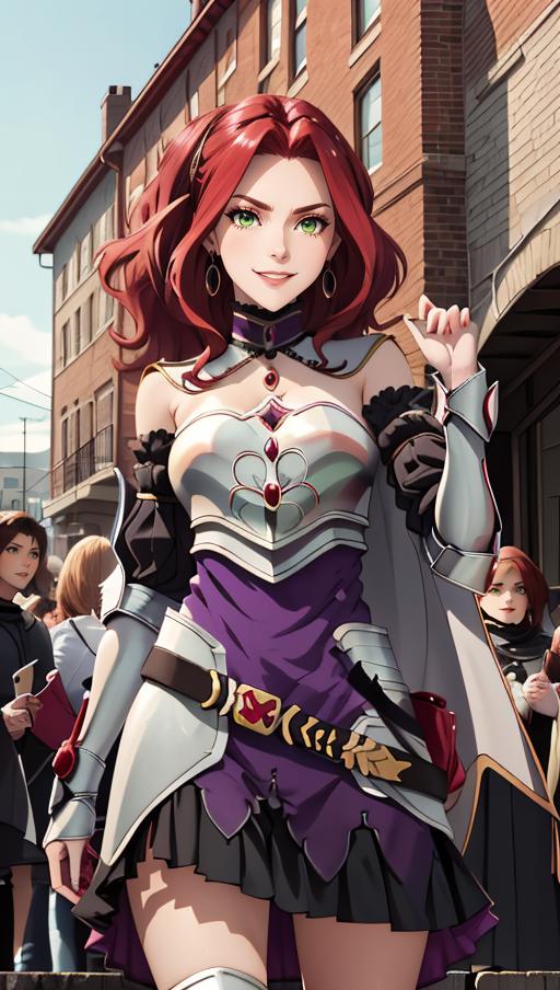 Anime-style red-haired girl wearing a white top and a sword.