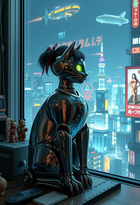 Shiny Metal Mechanical Robot Cat with glowing green blue eyes sits on a cluttered metal riveted desk next to a maneki neko statue and a small Nintendo , the robot cat is looking out to a floor to ceiling window that looks out over a futuristic cyberpunk Tokyo skyline with skyscrapers, holographic advertisements, futuristic airships covered with lights and advertisements in Japanese, a space elevator, (((a tall thin beautiful young woman, 22 years old, is standing next to the cat looking out at the city through the window))), The woman is dressed in an ornate Japanese style bath robe, exposing some cleavage and her lower legs.  The woman's hair is messy from just waking up and tied up with a ribbon. Artistic cyberpunk, dynamic perspective, a translucent neon projection of a strip club bar advertisement displaying a partially dressed woman is visible on a nearby building,