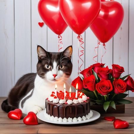 Cat with a black forest cake and lit red candles, wooden table with small chocolate hearts, bouquet of red roses and lily flowers, background of inflated heart-shaped balloons.