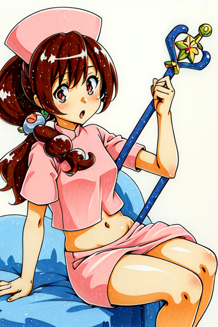 bwnurse, nurse, nurse cap, ponytail, traditional media, magical girl, staff, wand, navel, sitting, symbol-shaped pupils