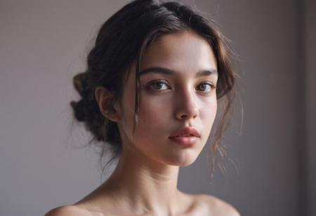 Ultra detailed film photograph with tiny depth of field, shot in an empty studio space with complex lighting. The bare bust of a beautiful woman, her hair and face and slender neck and delicate collarbone and small firm breasts. She looks stoic and severe, soft eyes that are perfectly in focus. From her lips flows richly colored Monochromatic paint, it trickles thickly from her lips down her chin, dripping on her tiny breasts, trickling down her neck.