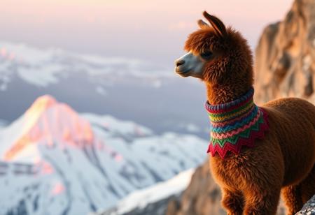 a cute brown alpaca, wearing colorful knit clothes, standing on a very tall mountain, cliff side, side profile, snowy alps, golden hour, diffused pink skyline, radiant god rays, distance shot