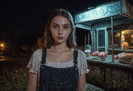 an old, abandoned sweets stand, in the night, the scenery appears dark and eerie, Slavic beauty with a sweet face holding a large lollipop in her hand is in the foreground, wearing tight tanktop, realistic picture