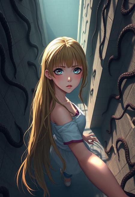 A serene girl, locks cascading down her back like a golden waterfall, and bangs framing her heart-shaped face, navigates a mystical maze. Towering walls cast long shadows, like dark tentacles grasping for her. Her gaze ascends, a mix of awe and exasperation etched on her features, as the camera's bird's-eye view reveals the labyrinthine complexity below. Soft luminescence bathes the scene, imbuing the atmosphere with an otherworldly essence, as if the very fabric of reality has become a dreamlike tapestry.
