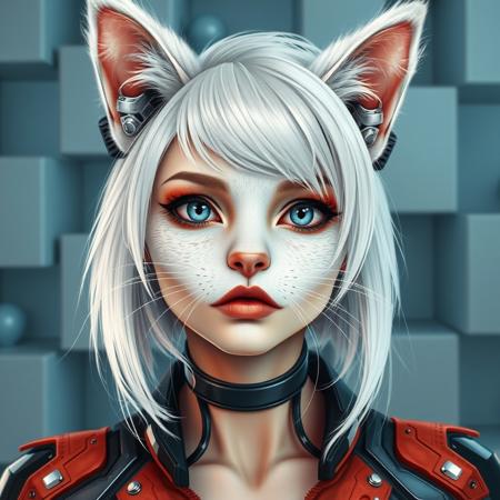 Playboy poster with text header inscription:"Home kitty to love". Futurism cat-woman furry art. she has robot implant and cat ears. Human girl. Art make up and and deep blue eyes. 25 years old, white hair, perfect face. On background cubics. Art style