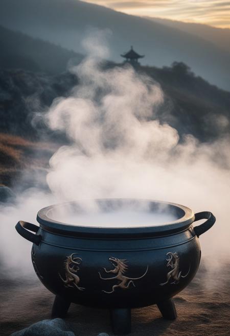 A dragon-shaped cloud of fog rising from a cauldron, surrounded by mystical runes carved into the ground
   Composition: Framing (cauldron), Leading Lines (runes leading to the fog)  
   Lighting: Backlighting from an eerie glow beneath the cauldron, soft light for fog detail  
   Depth: Shallow depth of field to focus on the swirling dragon fog,aidmaHalloweenBoost