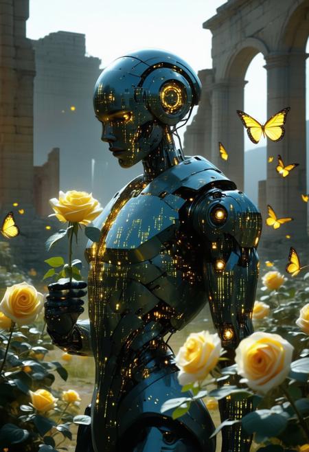 A humanoid android in a rose garden, glowing code across its face and body, surrounded by golden butterflies, holding a yellow rose, expression soft, post-apocalyptic ruins in background, cinematic lighting, bio-digital fusion, Neo-Gnostic Realism.
<lora:FLUX-daubrez-DB4RZ-v2:0.55> <lora:Sinfully_Stylish_.02_for_FLUX:0.35> <lora:dystopia:0.6>