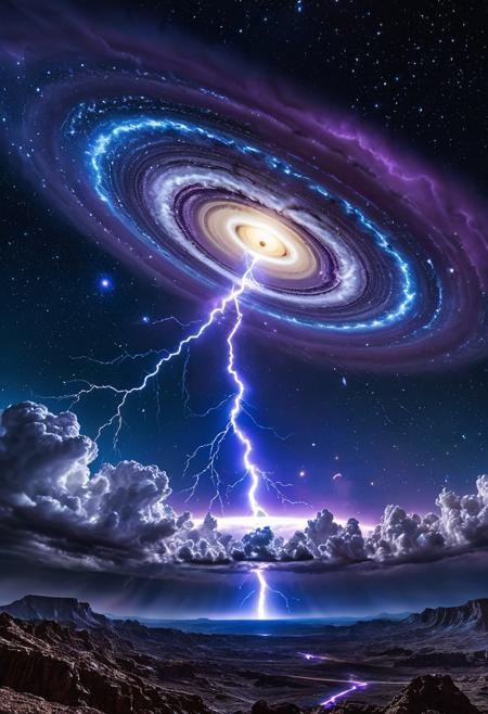 lightning storm, Saturn, low angle, planet prominent, universe background, intricate details, hyperdetailed, HDR, cinematic lighting, cinematic composition, rim lighting, intense, color grading, focused, whole scene, cosmic, storm clouds, electric blue, violet, white lightning, rings of Saturn, nebulae, starfield, cinematic atmosphere