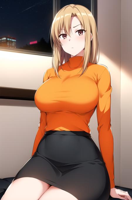 (Night:1.7), Cyberpunk_CityView, Before Window,
sitting at attention,sitting on couch,
orange_shirt,Pencil_Skirt,
<lora:SakimiAyaseV1:0.85>,<lora:aiueOkaStyle_v10:0.1>, <lora:saiminSeishidou:0.1>,
blonde_long_hair,brown_eyes,
1 girl,Solo, Manga,20yo,mature female,Beautiful Finger,Beautiful long legs,Beautiful body,Beautiful Nose,Beautiful character design, perfect eyes, perfect face,
looking at viewer, (innocent_big_eyes:1.0),(expressionless:1.3),
official art,extremely detailed CG unity 8k wallpaper, perfect lighting,Colorful, Bright_Front_face_Lighting,
(masterpiece:1.0),(best_quality:1.0), ultra high res,4K,ultra-detailed,
photography, 8K, HDR, highres, absurdres:1.2, Kodak portra 400, film grain, blurry background, bokeh:1.2, lens flare, (vibrant_color:1.2)
(Beautiful,large_Breasts:1.4), (beautiful_face:1.5),(narrow_waist),