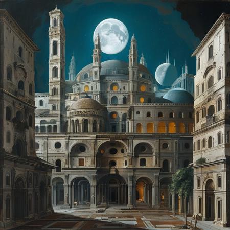 score_9, score_8_up, score_7_up, designed by Francesco Borromini, Sci-fi metropolis, busy streets, alien world, multiple moons, concept art, detailed, masterpiece