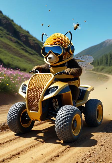 Honeycomb Morph, (made of gold Honeycomb:1.3), from side, closeup cute small Honeycomb buggy, bear driving, wear round goggles, wear animal ears helmet, run through on mountain dirt road, Dust, blue sky, surround by multiple bee, flower, cinematic, cinematic lighting, (masterpiece, best quality:1.4), ultra-high res, 4k, Photorealistic, insanely detailed, sfw,