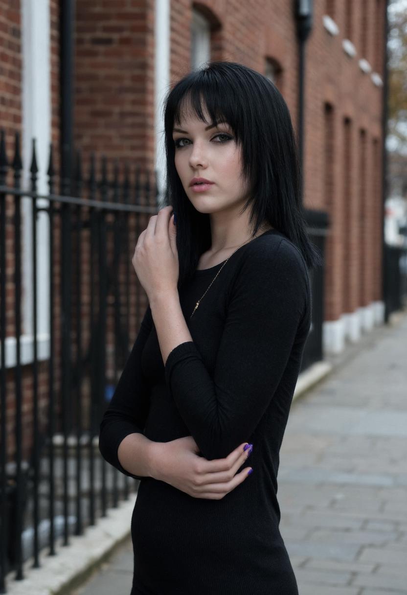 Melissa Clarke is a slim woman with black hair posing in front of a brick wall in central london, high fashion, luxury, beauty, shot on a Nikon D3x 